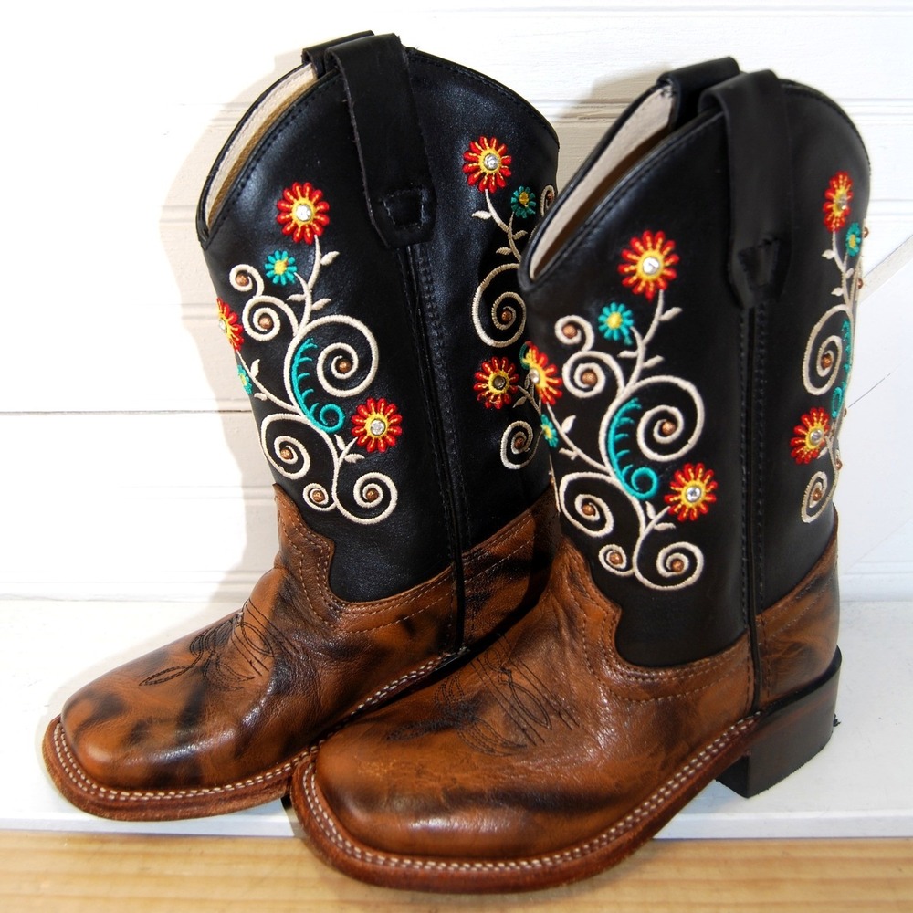 Kids Western Boots Size‎ 11 Girls Tin Star Leather cowboy/cowgirl shoes Floral